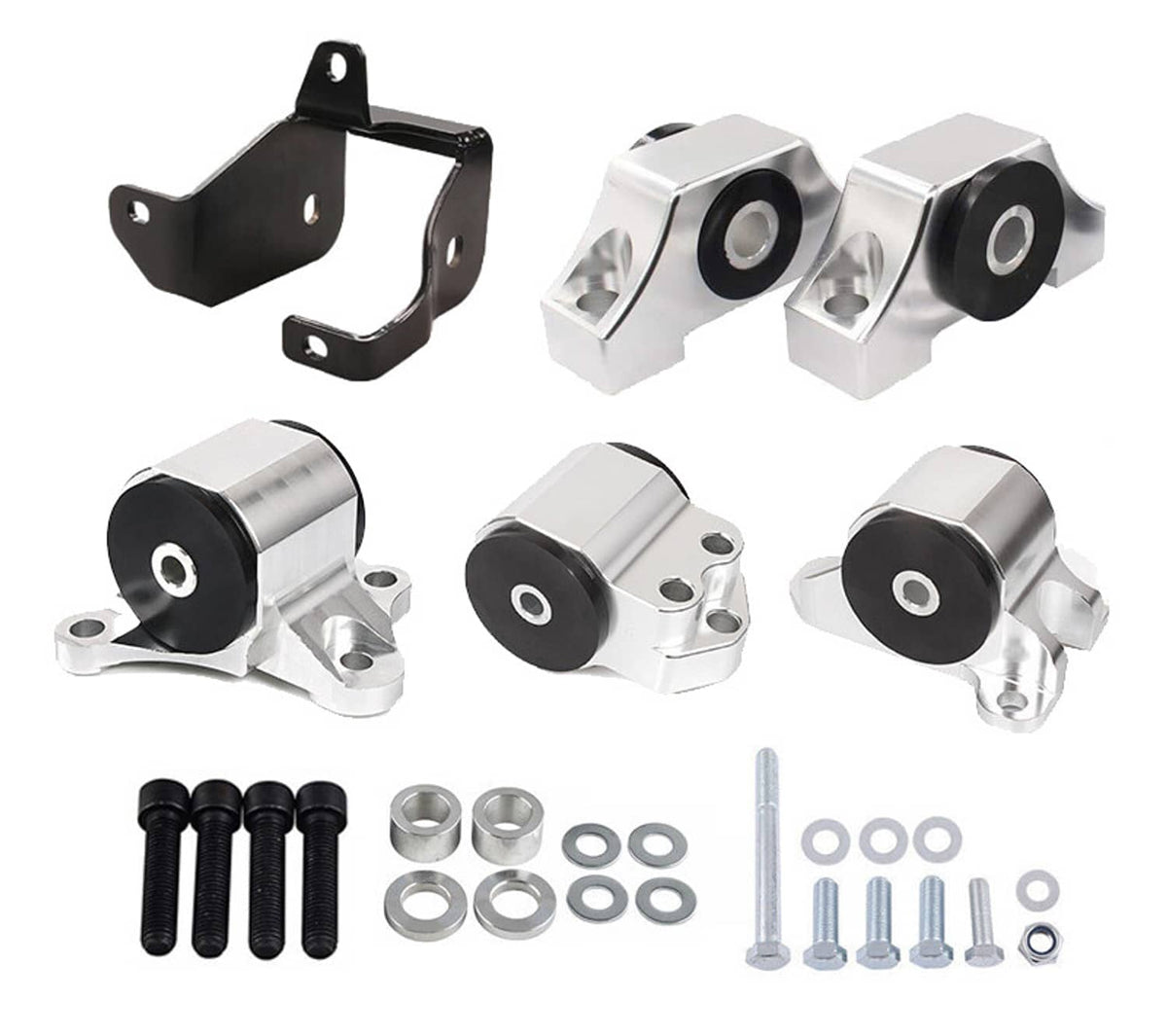 Engine mount kit with multiple silver mounts, black bushings, and included hardware
