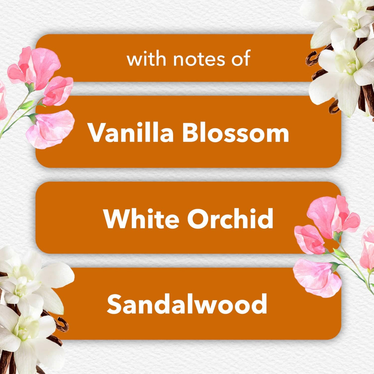 Scent notes for air freshener refills: Vanilla Blossom, White Orchid, Sandalwood