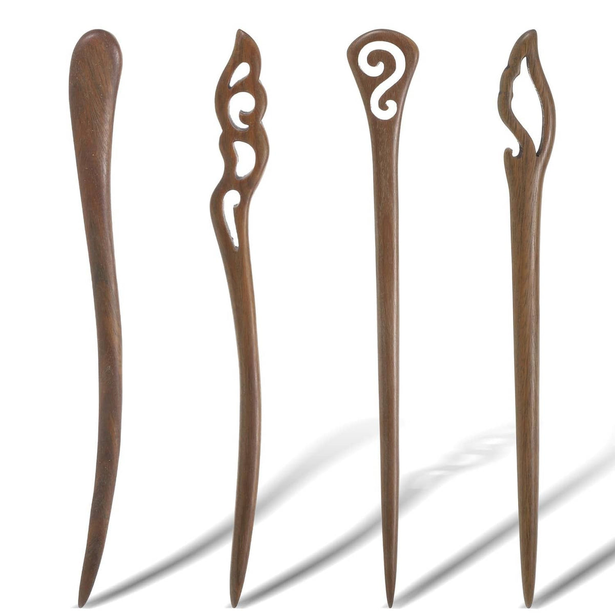 Set of 4 brown wooden hair sticks with carved swirl tips