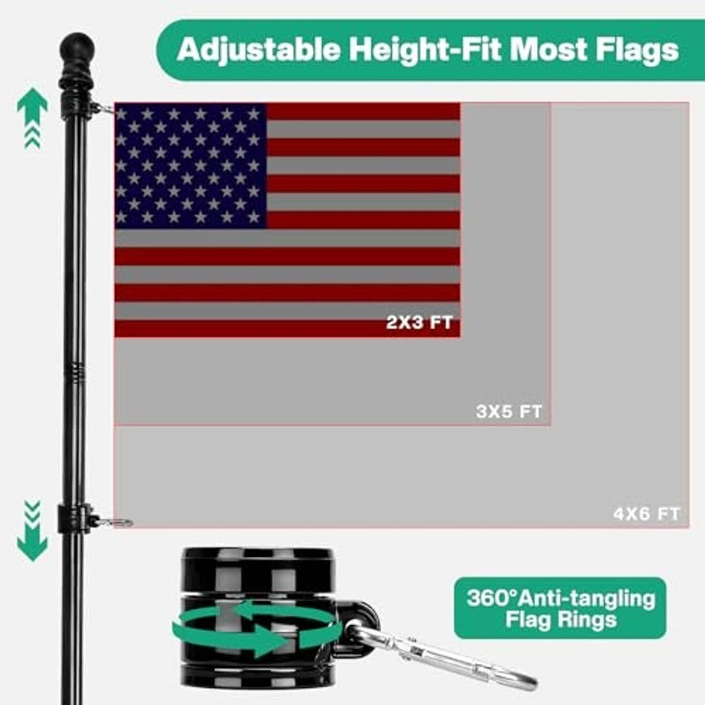 Adjustable height flagpole holder with anti-tangling flag rings and angled support pole