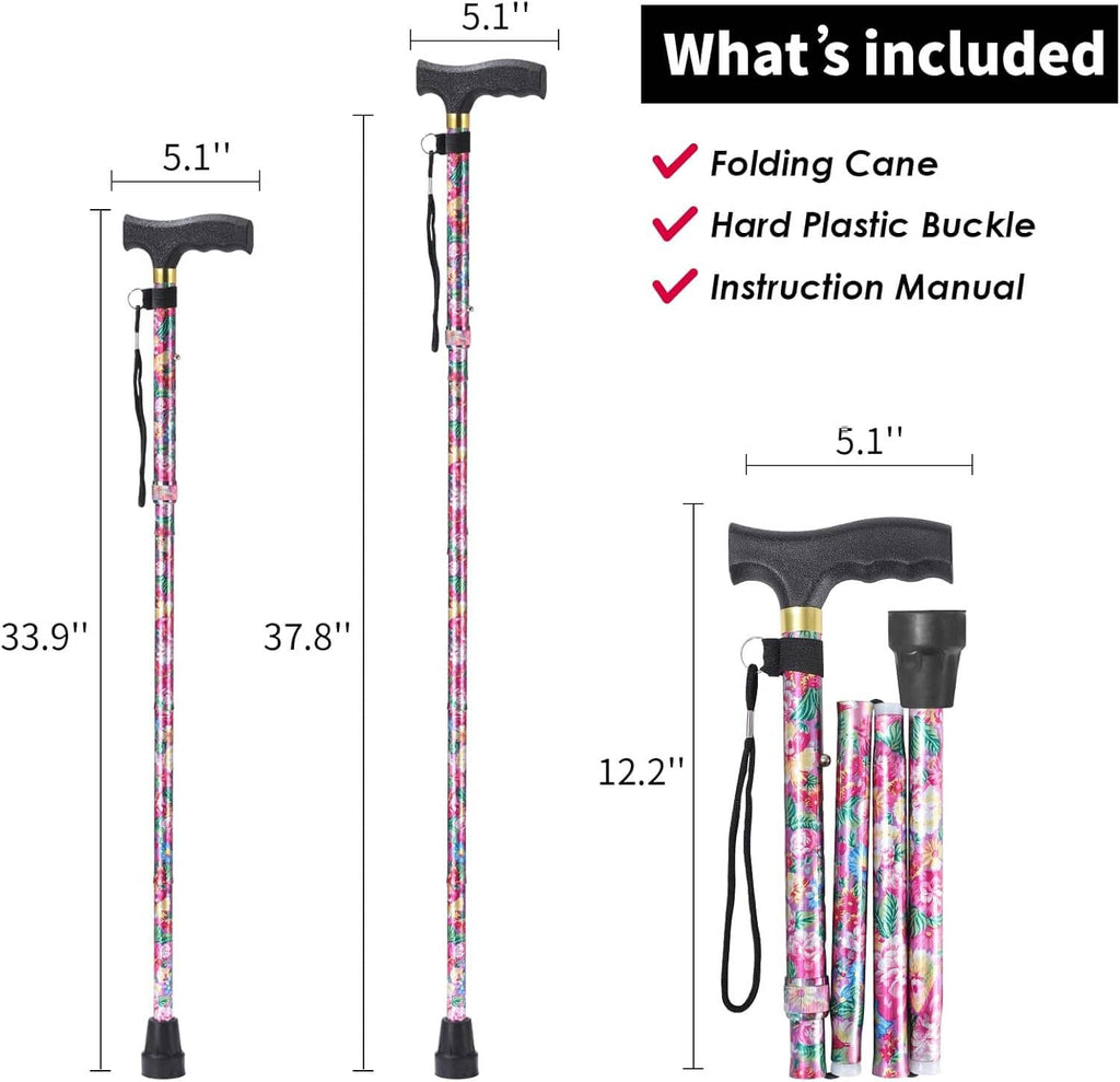 Adjustable folding walking cane with black handle, pink floral grip, 5-level height