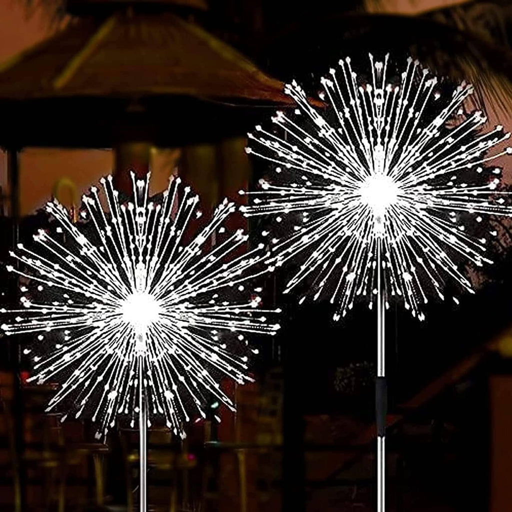 Solar firework stake lights with cool-white LED starburst glow, two-pack