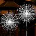 Solar firework stake lights with cool-white LED starburst glow, two-pack