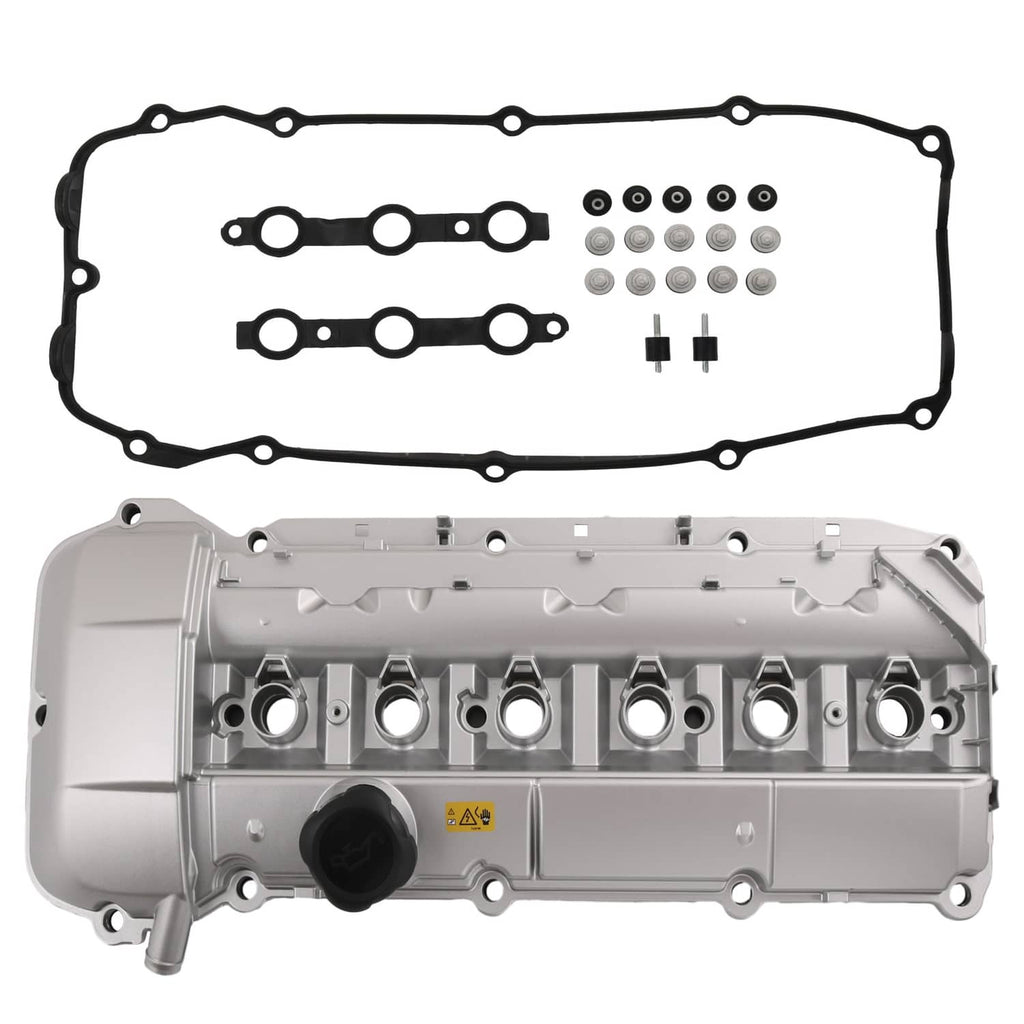 Aluminum engine valve cover with gasket and small hardware, silver-gray with black caps