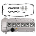 Aluminum engine valve cover with gasket and small hardware, silver-gray with black caps