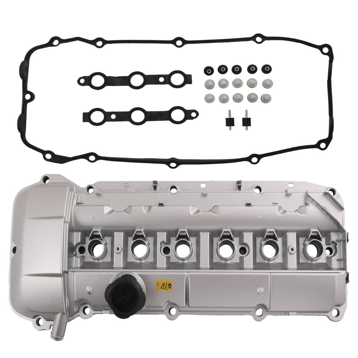 Aluminum engine valve cover with gasket and small hardware, silver-gray with black caps