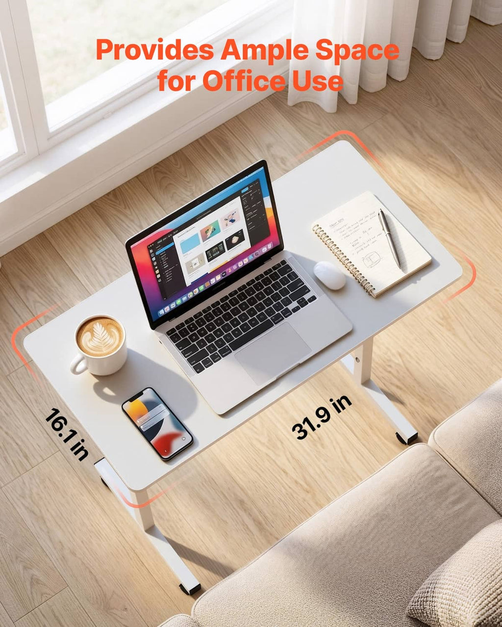 Uimoso standing desk with large white work surface, casters, and space for laptop and notebook