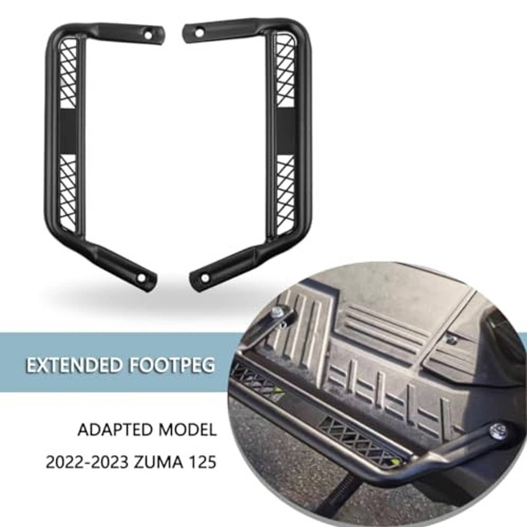 Motorcycle extended footpegs with black mesh side rails and textured traction surface