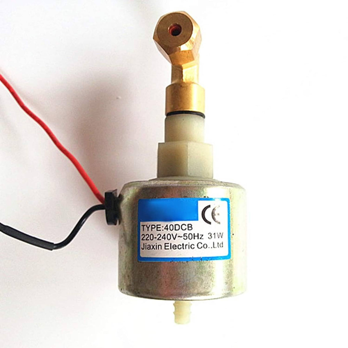 Oil pump for fog smoke machine with brass nozzle fitting and blue rating label