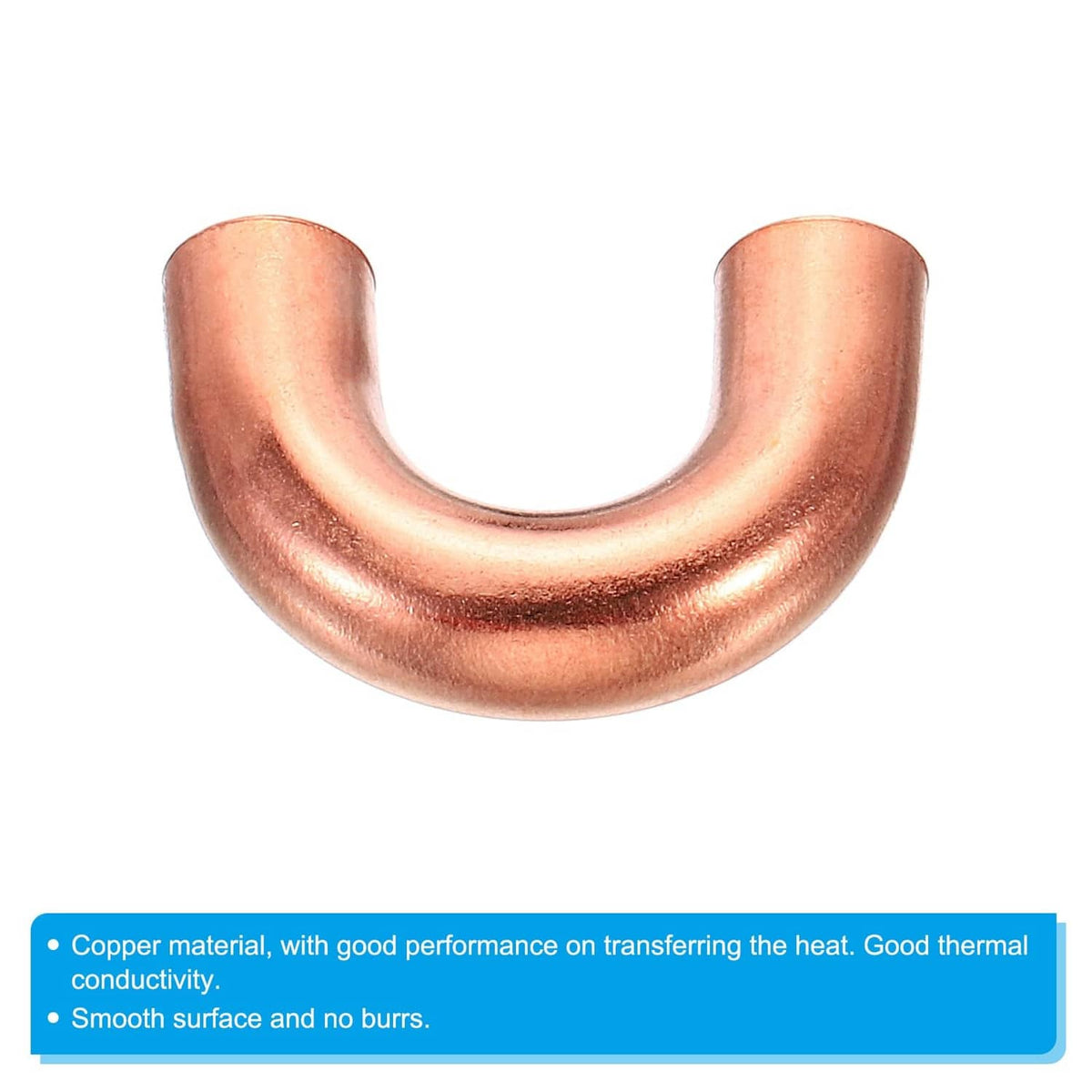 Copper elbow pipe fitting with smooth U-bend and open flared ends