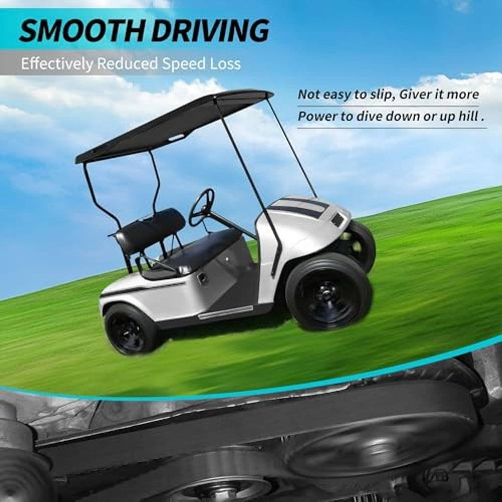 Golf cart drive belt kit with tune-up parts, shown with golf cart in outdoor scene