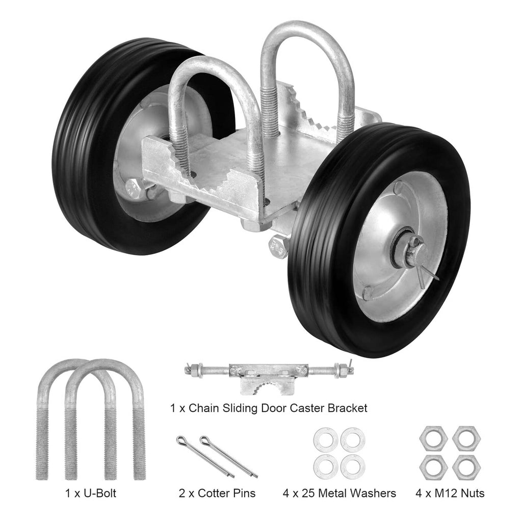 Sliding gate caster kit with two rubber wheels and U-bolt hardware pieces