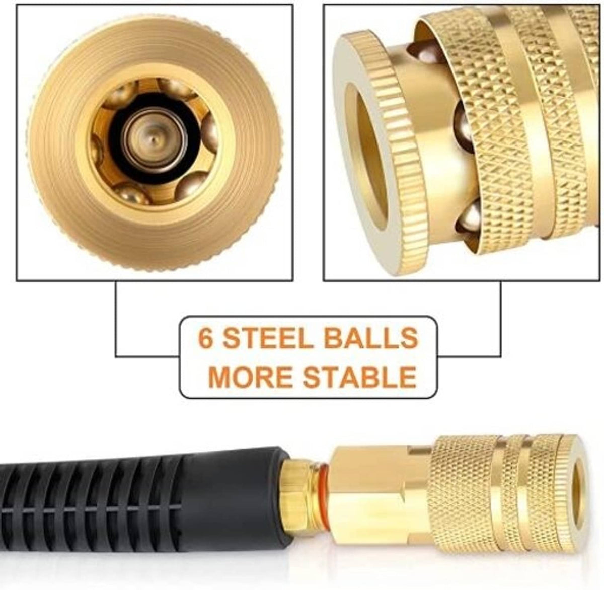 Brass I/M-style hose fitting with black insert, shown close-up on hose end
