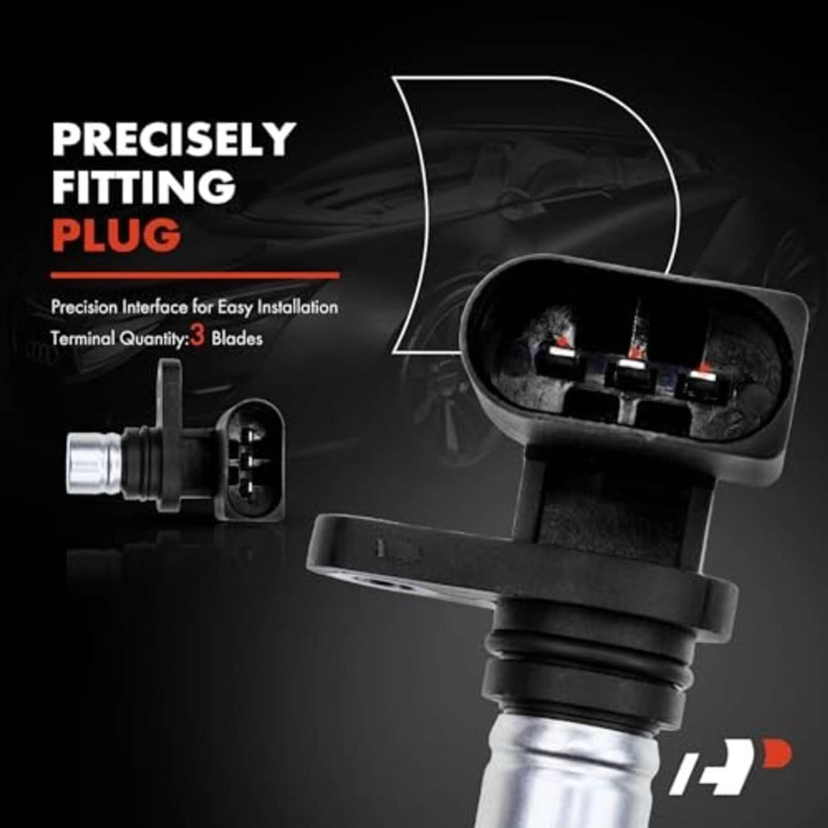 Camshaft position sensor connector end with black plug and silver metal housing.