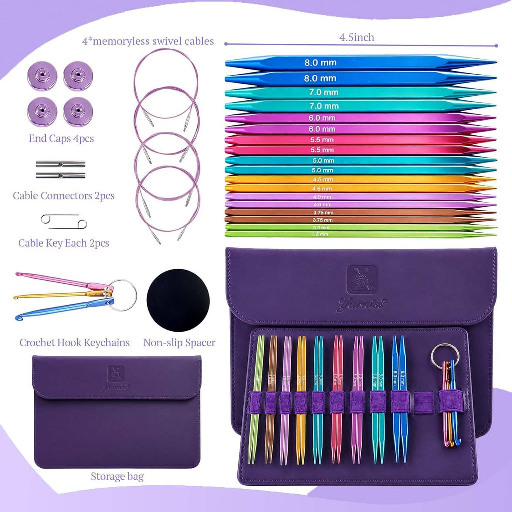 Interchangeable knitting needle set with colorful needles, cables, end caps, and storage bag