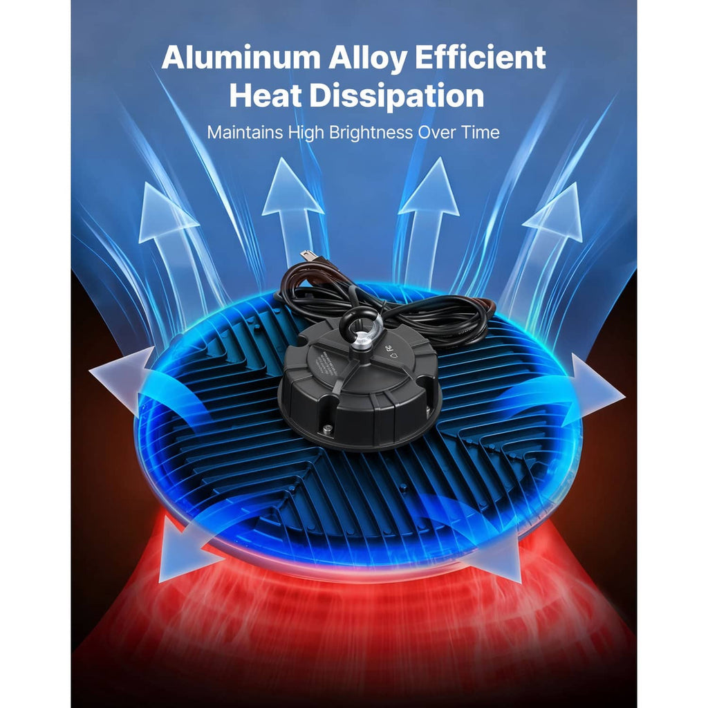 Aluminum LED high bay heat-sink housing with blue cooling airflow graphic