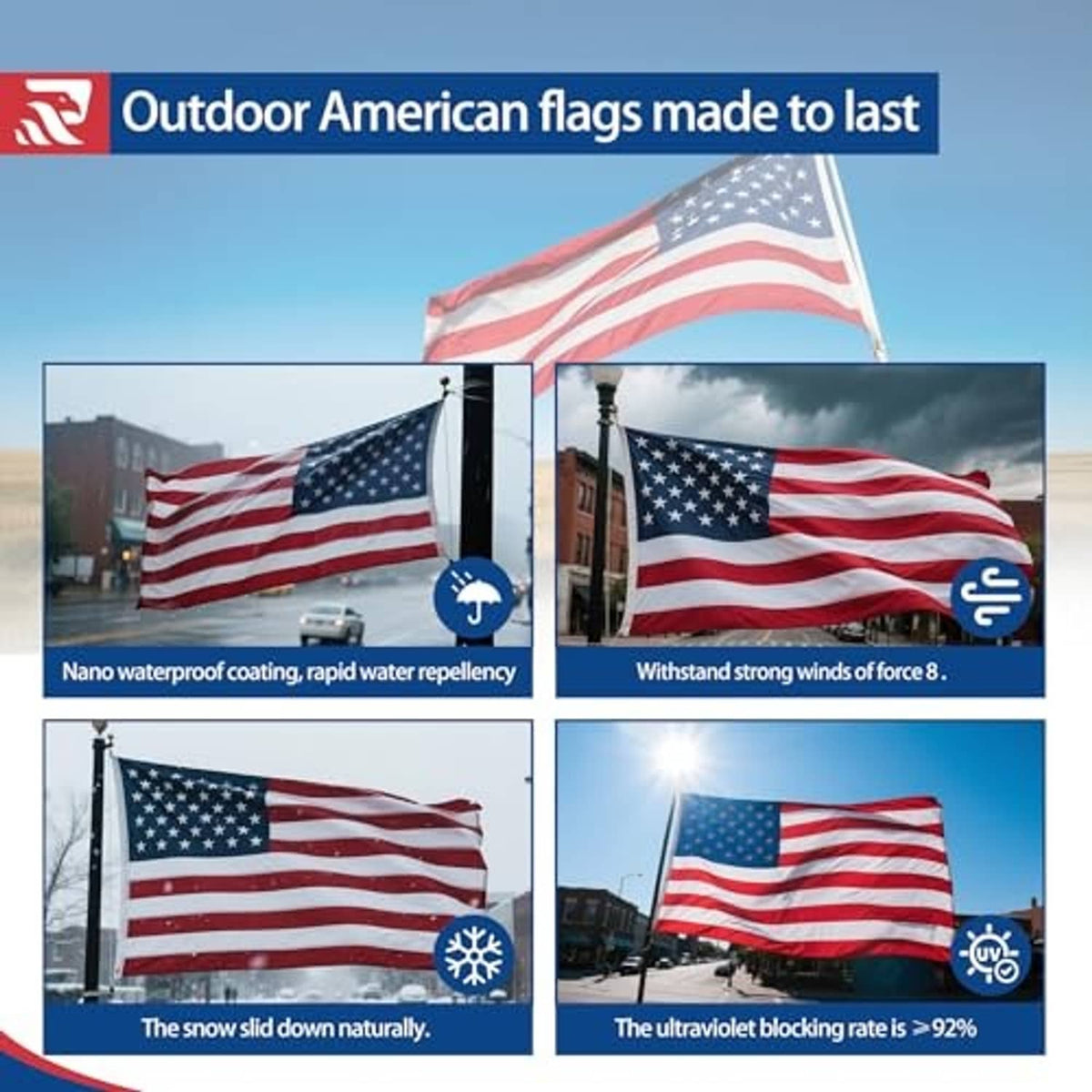 American outdoor flag waving, blue star field and red-and-white stripes