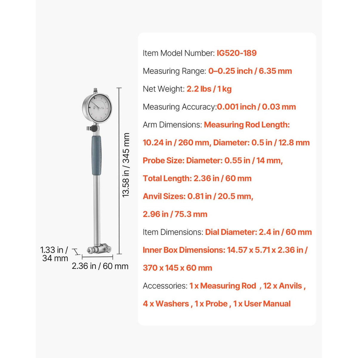 Dial test indicator bore gauge specifications card with model and measurement details