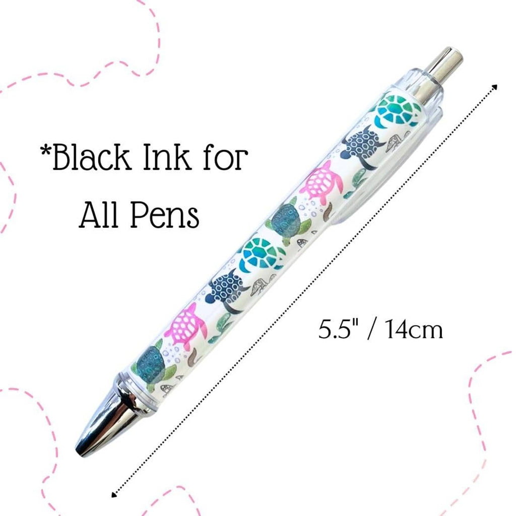 Turtle-print pen with clear barrel, silver tip, black ink, 5.5 in