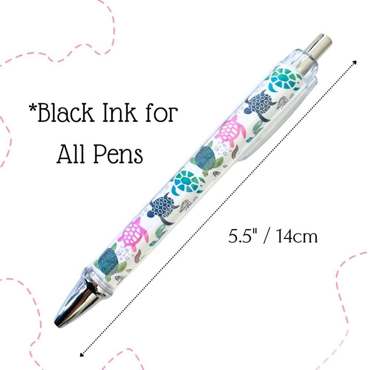 Turtle-print pen with clear barrel, silver tip, black ink, 5.5 in