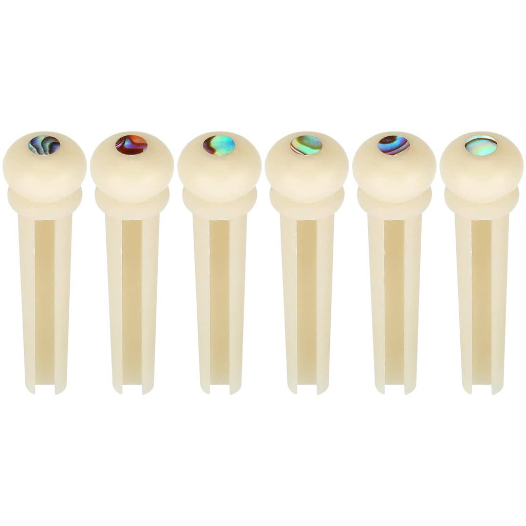 Set of 6 natural bone-look guitar bridge pins with iridescent inlay heads