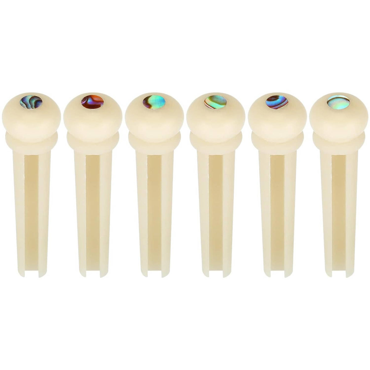 Set of 6 natural bone-look guitar bridge pins with iridescent inlay heads