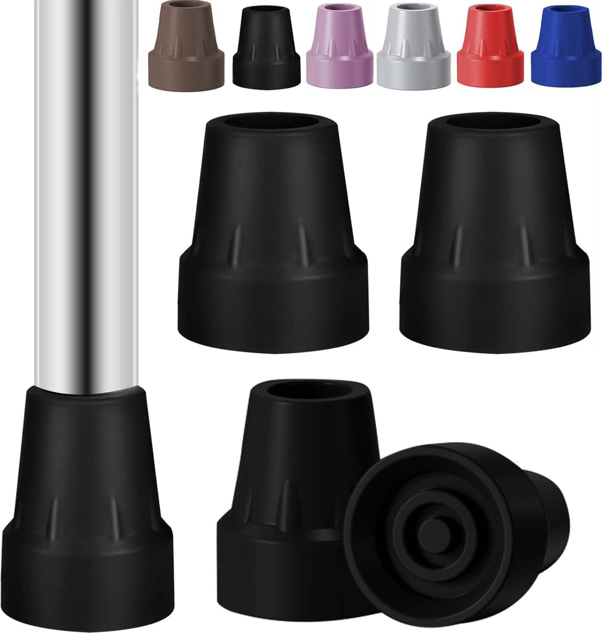3/4 in black rubber cane/crutch replacement tips, four-pack with one angled end view