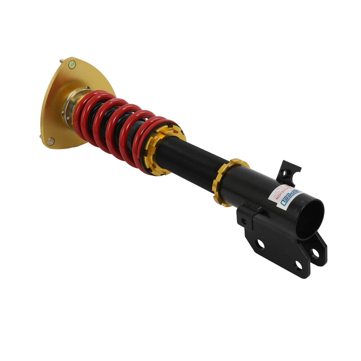 Adjustable suspension coilover strut with red spring, black body, gold collars