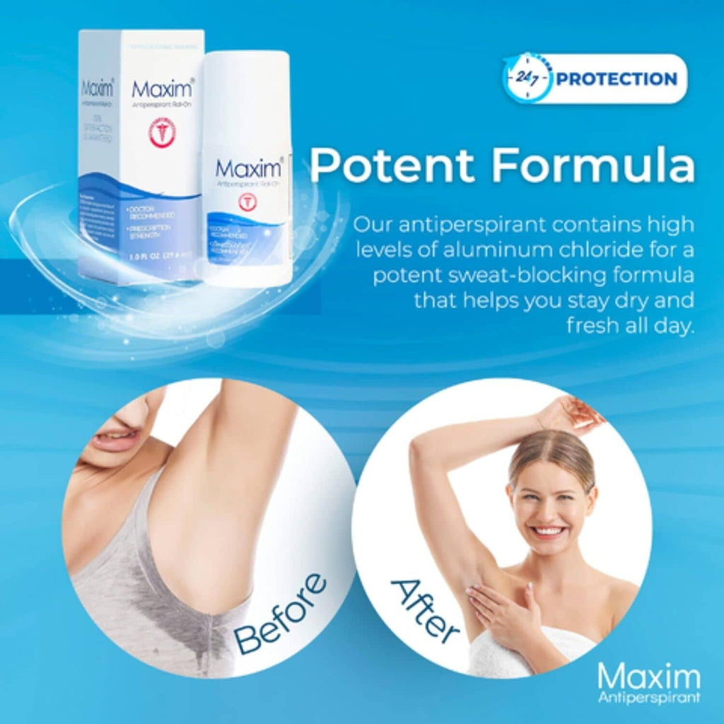 Maxim clinical antiperspirant roll-on with white bottle and blue accented box