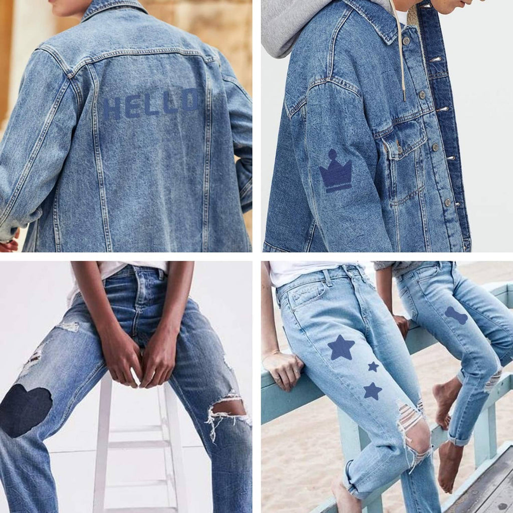 Light blue denim jacket and jeans with star-shaped iron-on patches