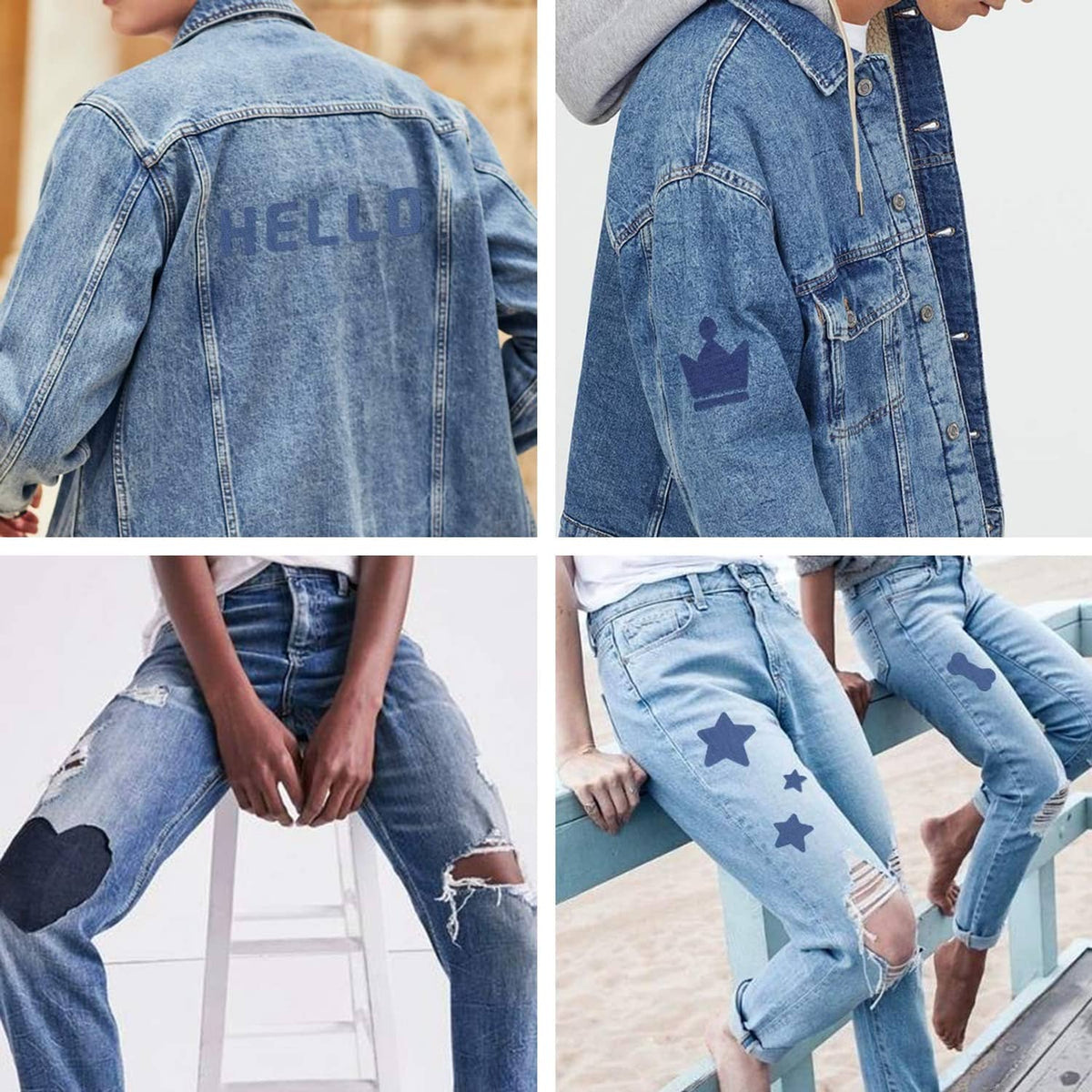 Light blue denim jacket and jeans with star-shaped iron-on patches