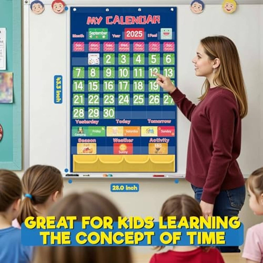 Wall-mounted blue classroom pocket calendar chart with 2025 date squares and storage pockets