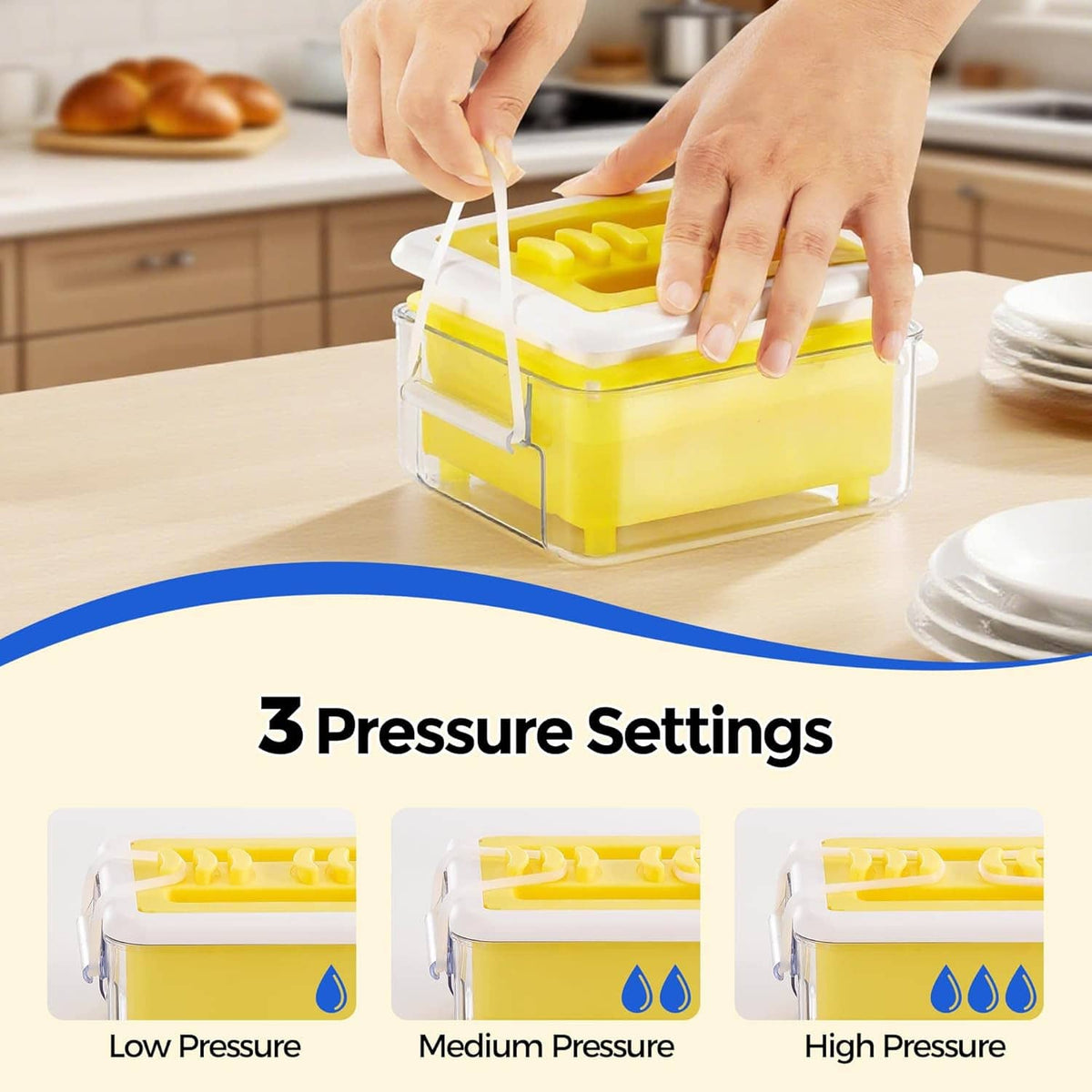 Tofu press on countertop as hands close the lid; visible pressure plate inside.