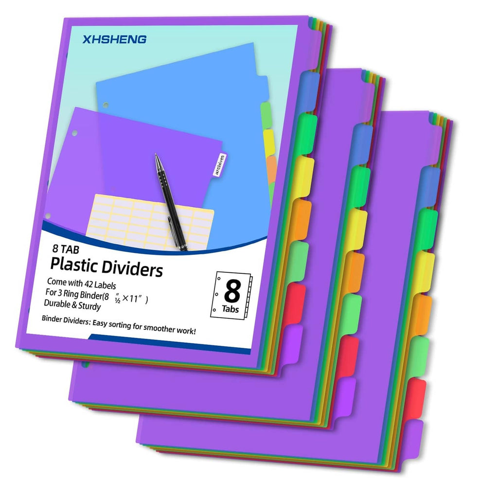 Rainbow 8-tab plastic binder dividers set with purple cover pages and multicolor tabs