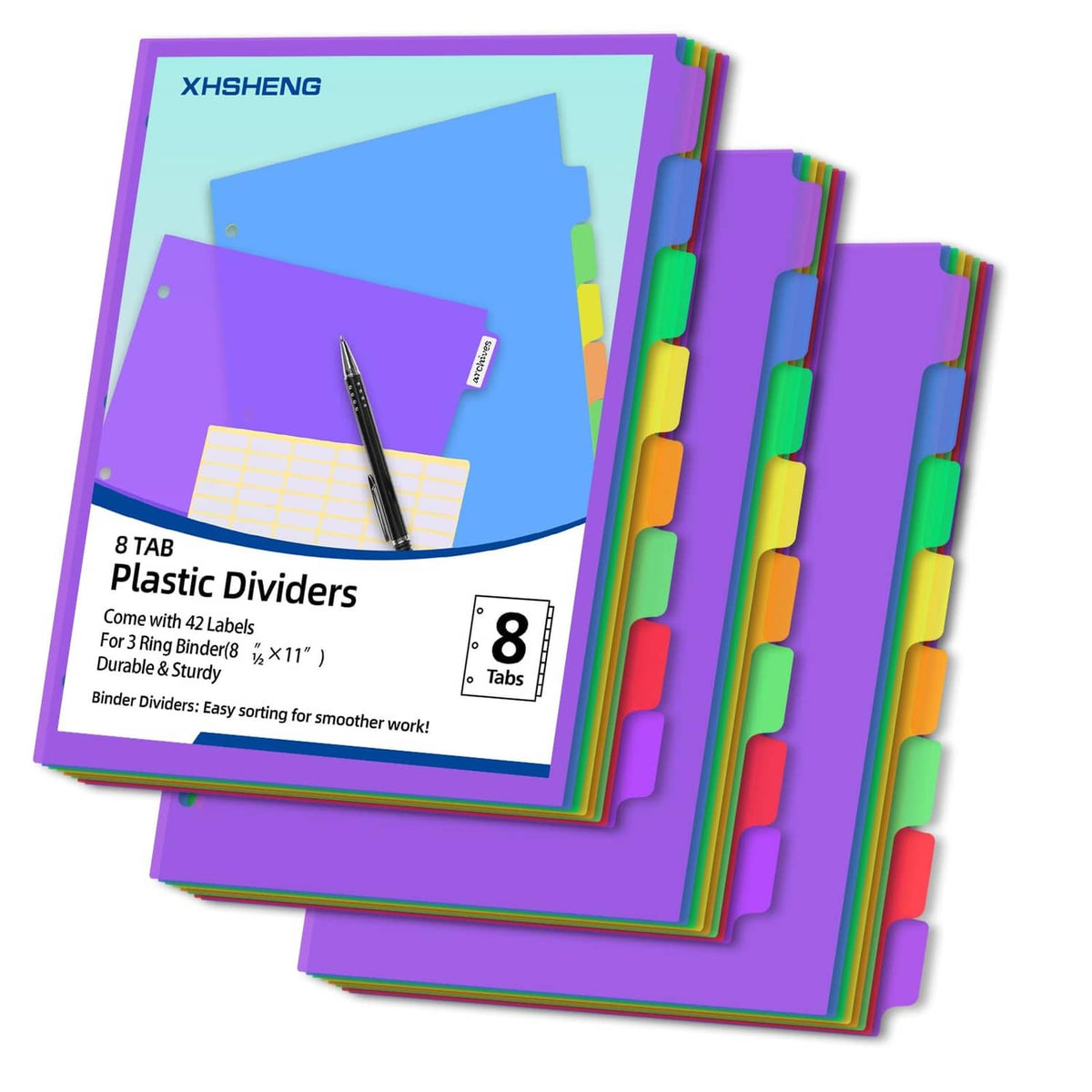 Rainbow 8-tab plastic binder dividers set with purple cover pages and multicolor tabs