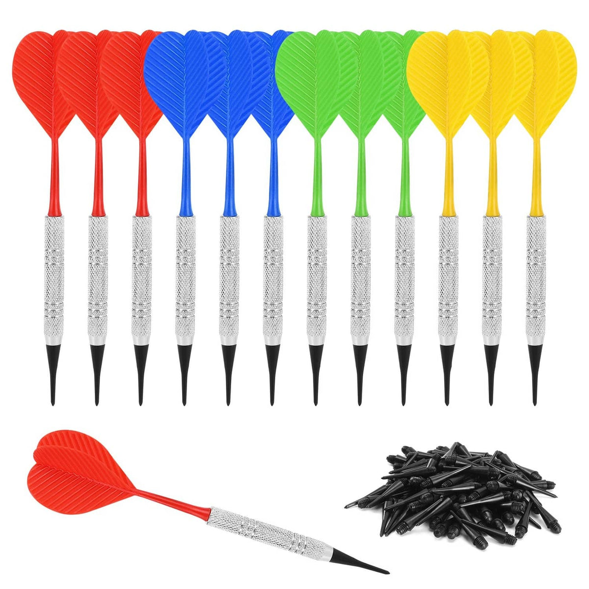 Accmor soft tip darts set of 12 with colorful red, blue, green, and yellow flights, silver barrels