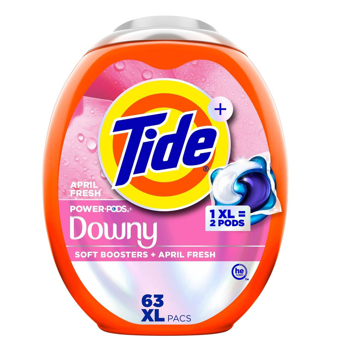 Orange Tide+Downy detergent pods container with 63 XL count label