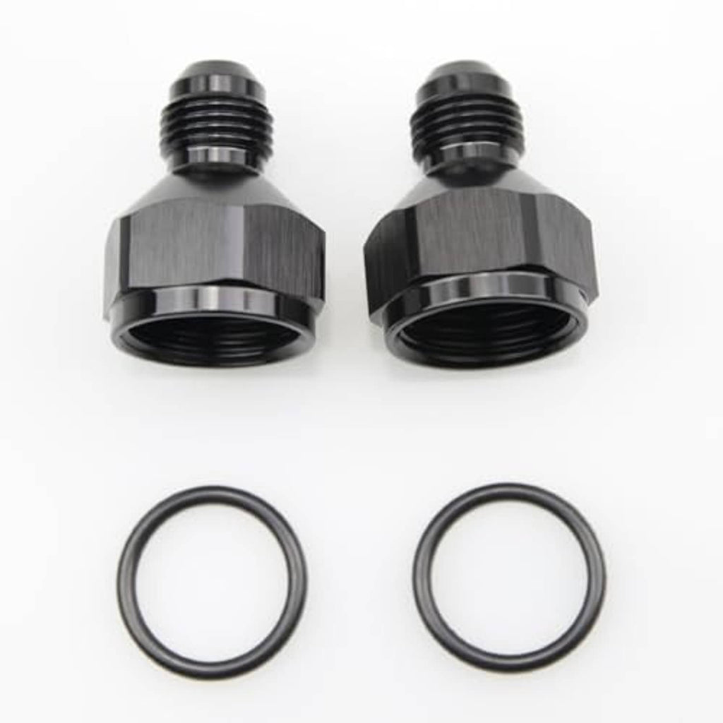 Aluminum AN reducer fittings with two black O-rings, two threaded hex pieces