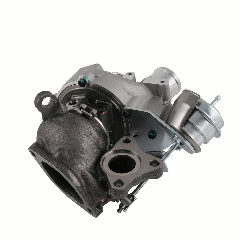 Turbocharger assembly with black exhaust housing and silver compressor outlet, LH+RH