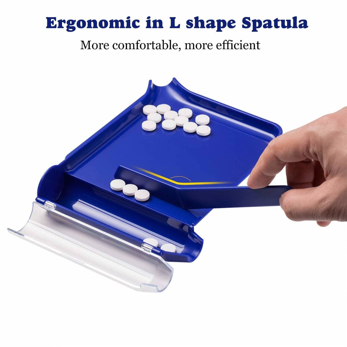 Blue L-shaped pill tray with white tablets and spatula, hand adjusting