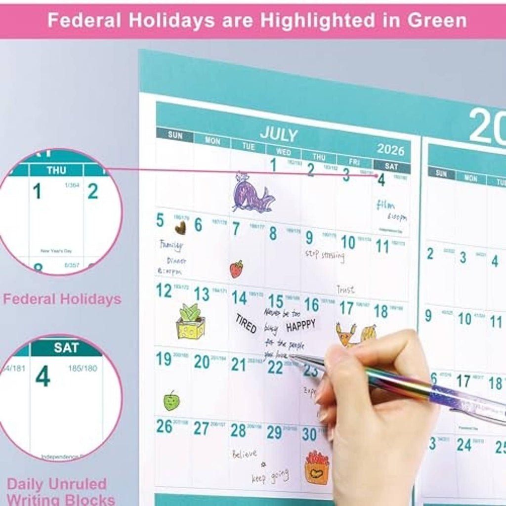 Wall calendar writing page showing July 2026 with green highlighted federal holidays