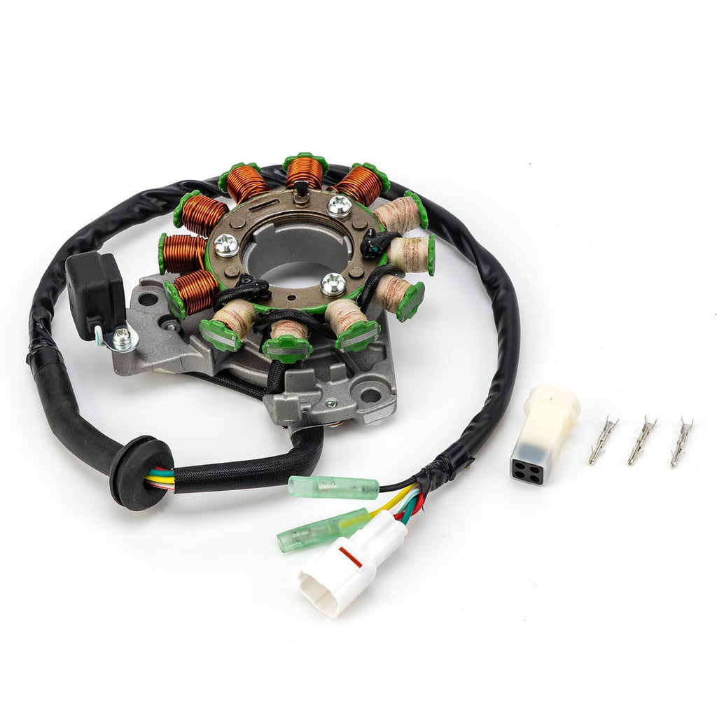 Stator assembly with copper coils, black twisted harness, white connectors, and mounting ring