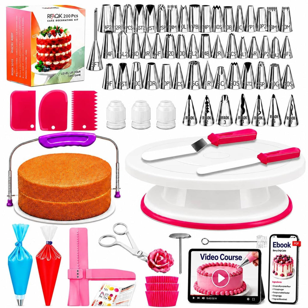 Cake decorating kit with white and pink turntable, piping tips, bags, and tools set