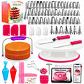 Cake decorating kit with white and pink turntable, piping tips, bags, and tools set
