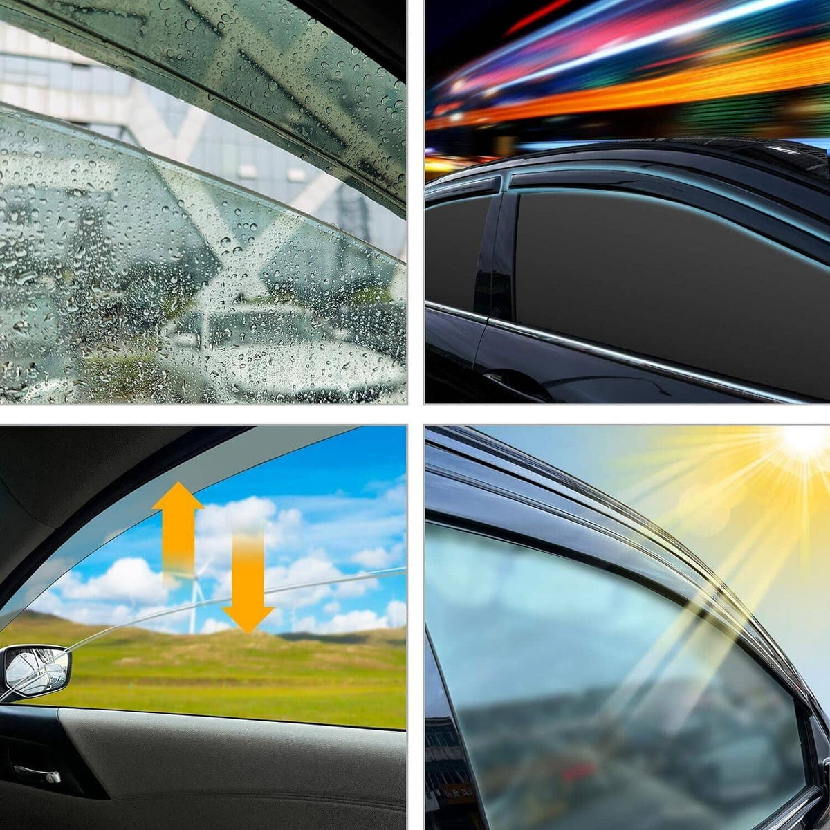 Close-up of tinted window rain visor on car door, water droplets and sun glare