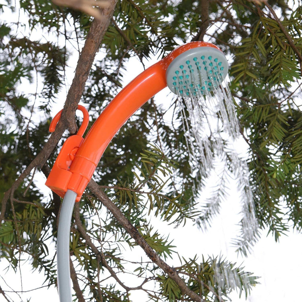 Wall-mount handheld portable shower with orange head and gray hose