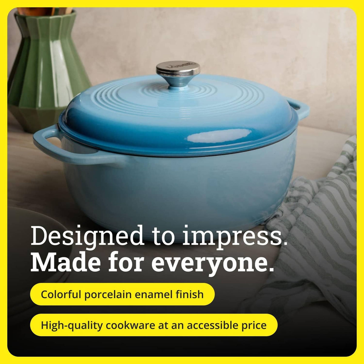Cornflower blue enameled cast iron Dutch oven with lid and loop handles