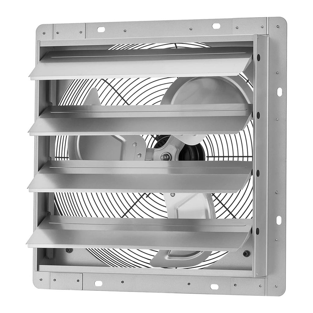 Wall-mounted exhaust fan with louvered metal frame and visible motor, silver steel