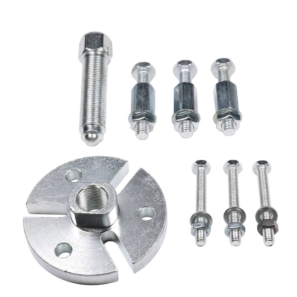 Flywheel puller tool kit with puller plate, center bolt, and multiple screws