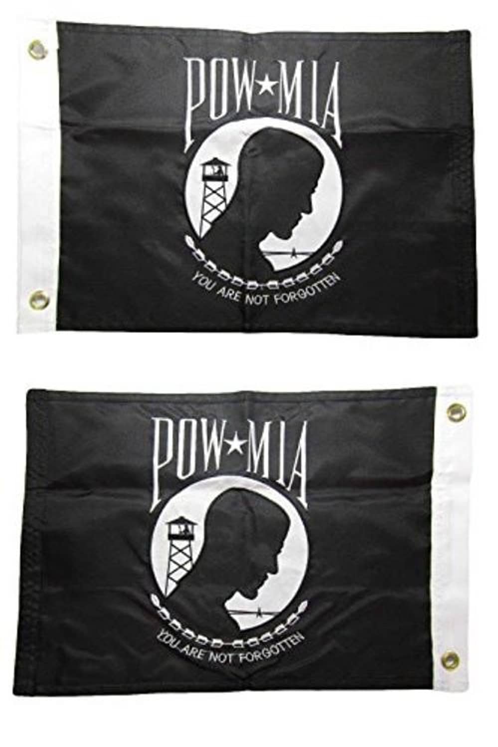 Black POW*MIA nylon banner with white emblem and gold grommets, stitched lettering